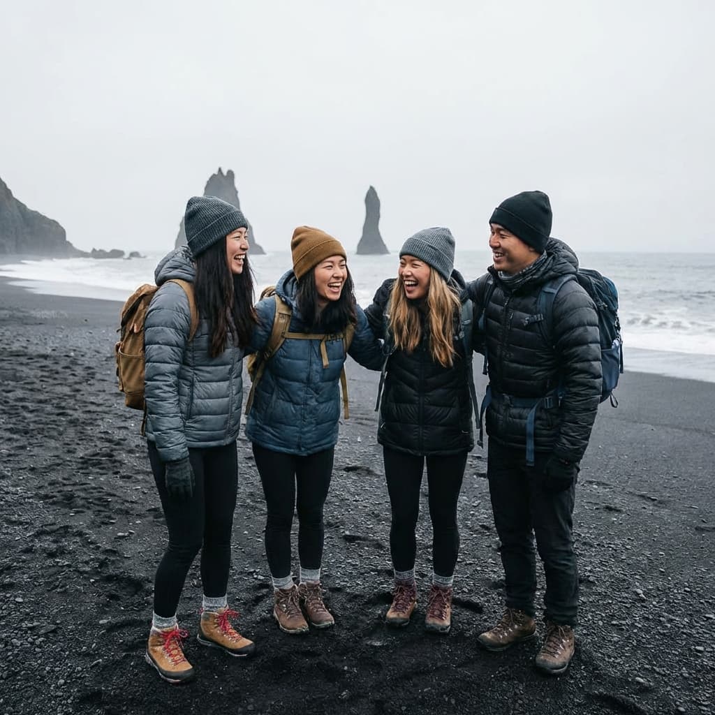 Friends on black sand beach
