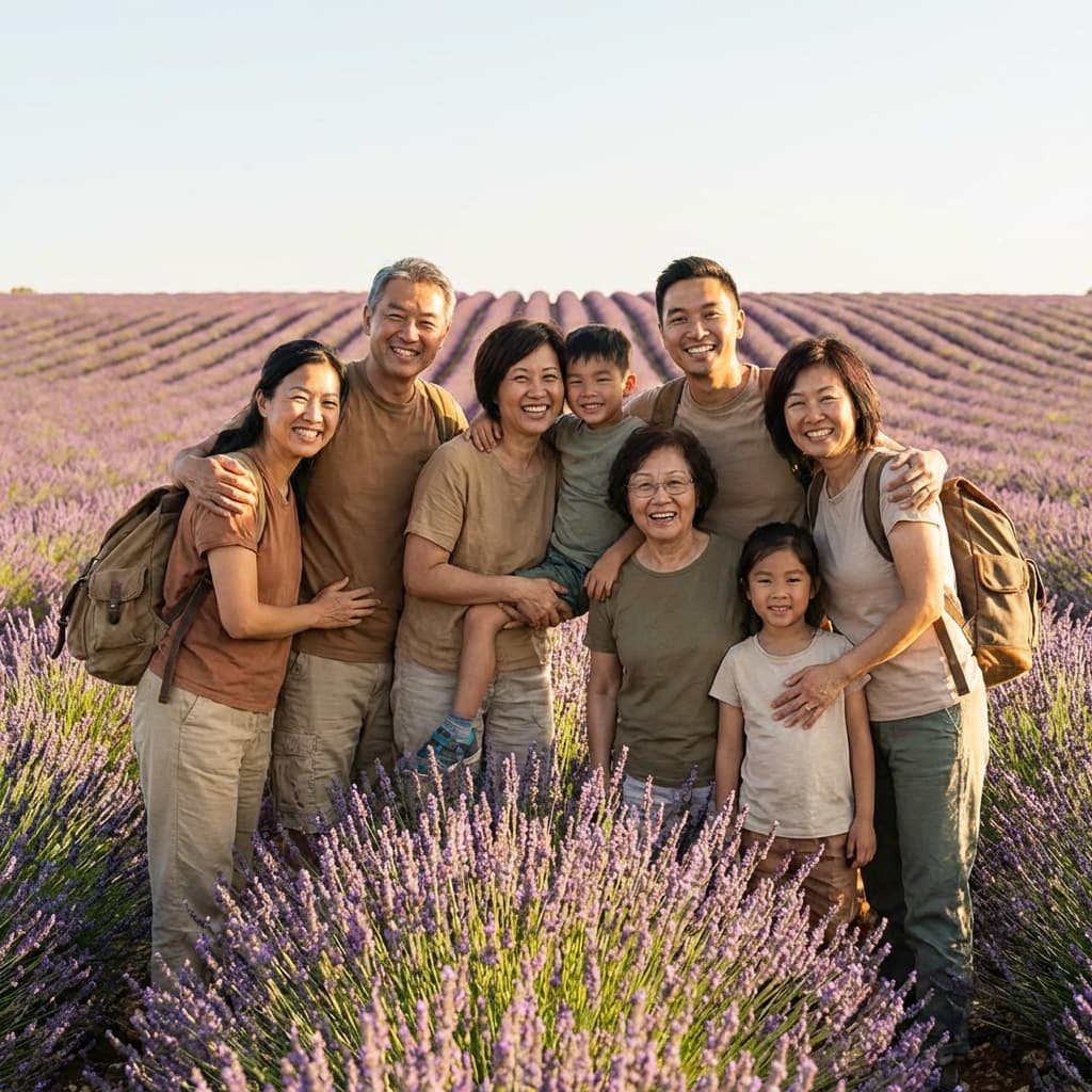 Family in lavender field